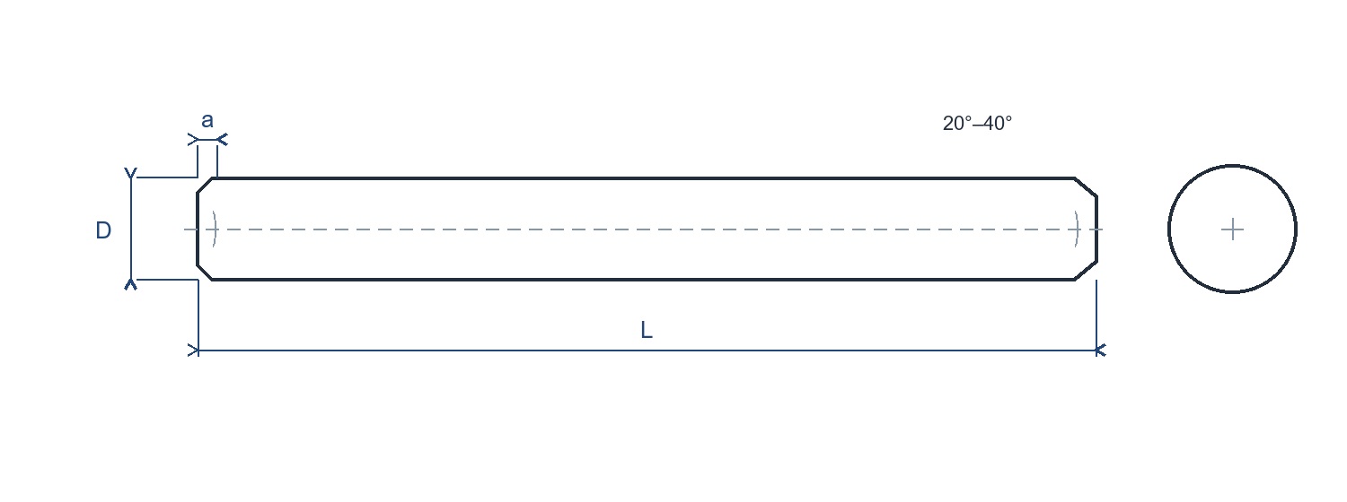 Line drawing of an inch-series parallel dowel pin with diameter, length and chamfer dimensions marked.