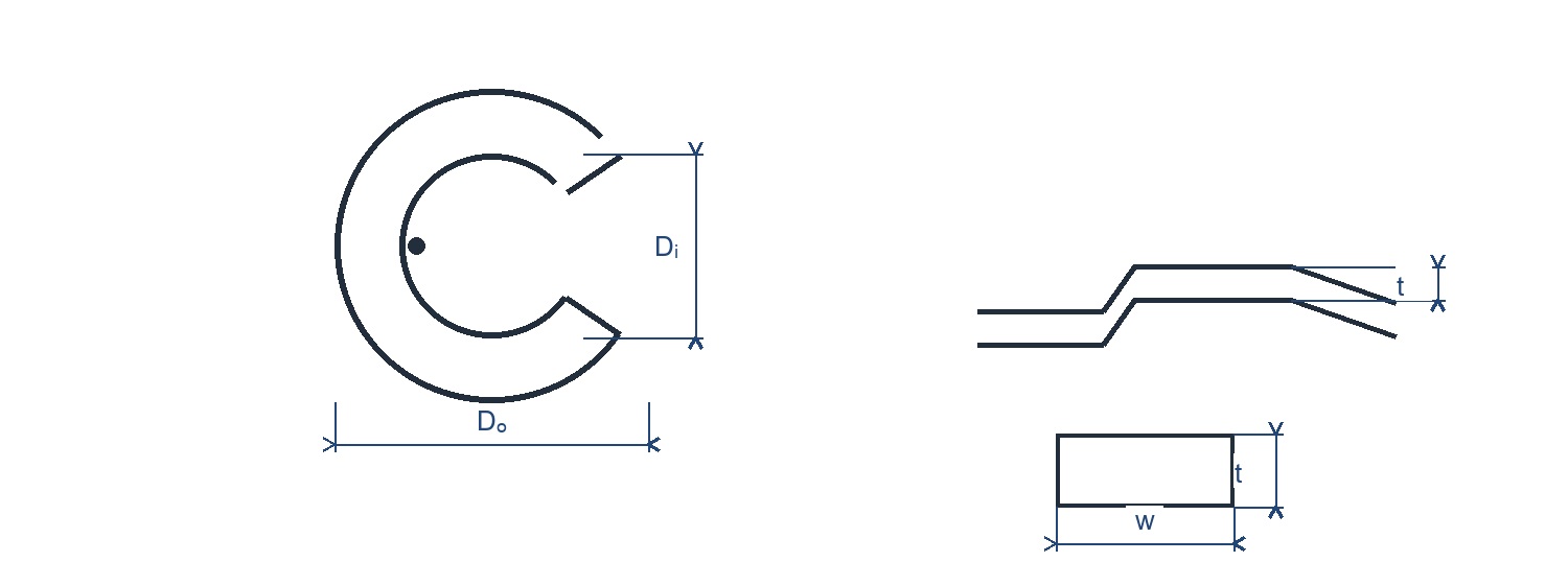 Line drawing of a split spring washer in top and side views with inside diameter, outside diameter, wire width and thickness marked.