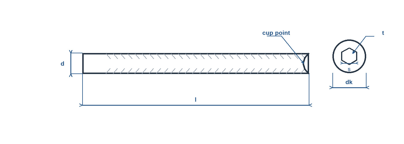 Technical line drawing of a hexagon socket set screw with cup point, showing thread diameter, length, socket and cup point.
