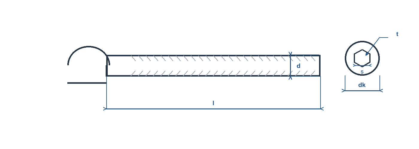Technical line drawing of a hexagon socket button head screw with length, thread diameter, head diameter, head height and socket references.