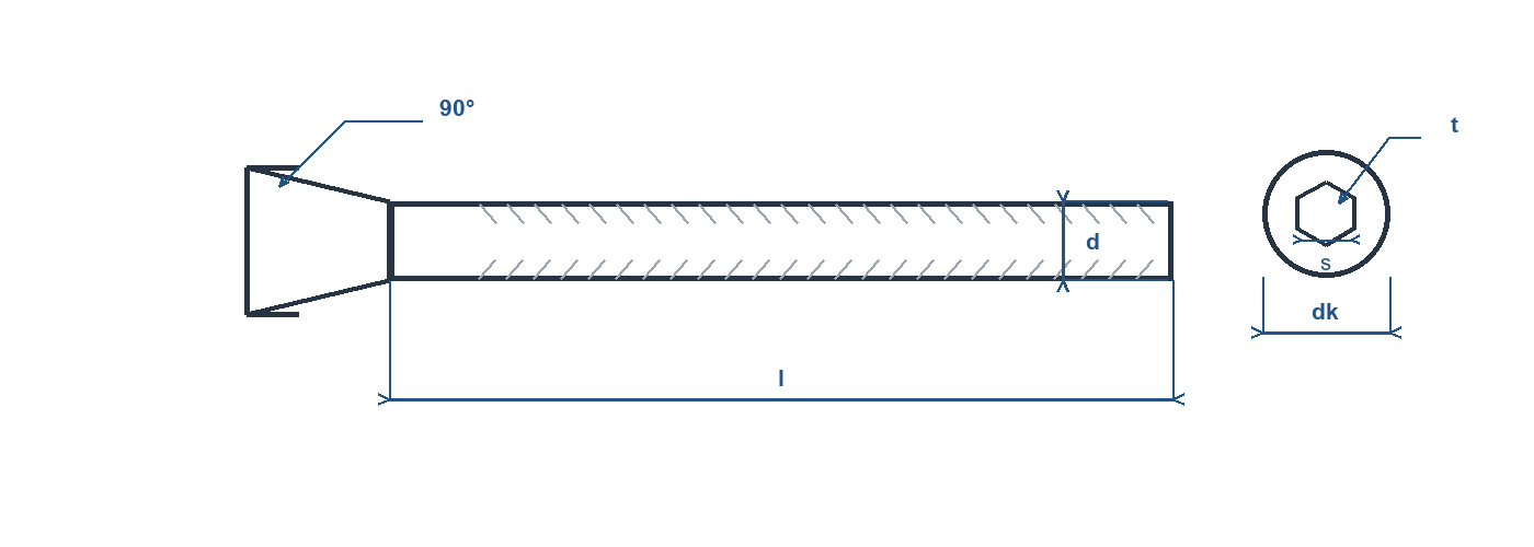 Technical line drawing of a hexagon socket countersunk head screw with overall length, thread diameter, head diameter, countersink and socket references.