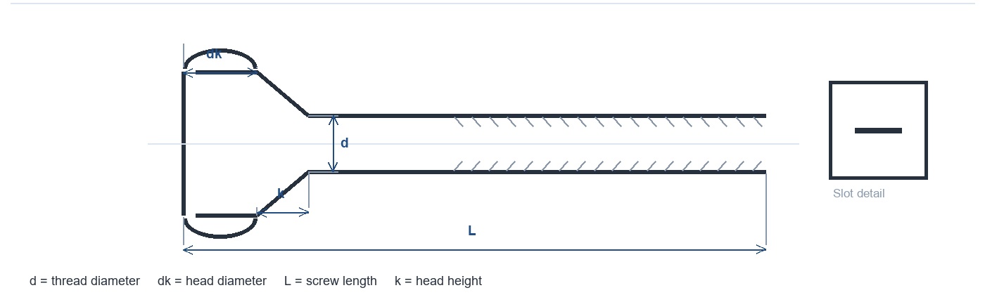 BS 450 Schematic side and top views of a BS 450 slotted raised-countersunk machine screw with head and length dimensions