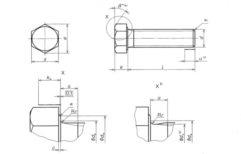 Nominal diamter Hexagon head screw bolts, fine, product grades A and B